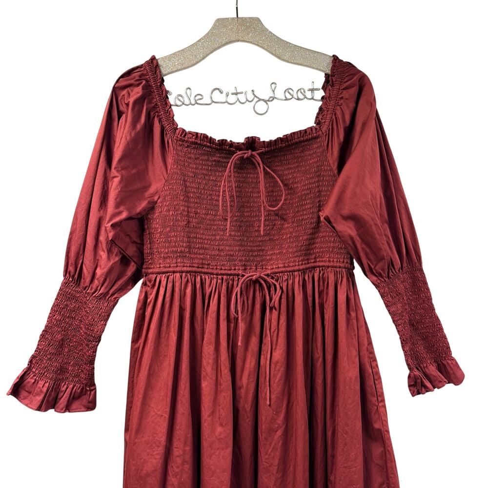 Laude The Label Smocked Midi Dress Square Neck Organic Large Mulberry - Picture 2 of 9
